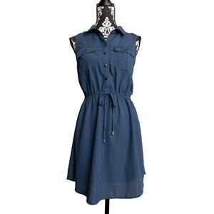 Preppy Blue Sleeveless Lightweight Sheath Sleeveless Utility Shirt Dress - L